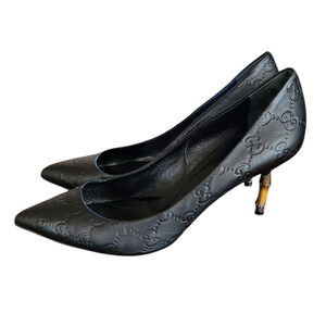 Gucci Monogram Bamboo Black Leather Kristen Guccissima Logo Pump Heels 8.5 38.5